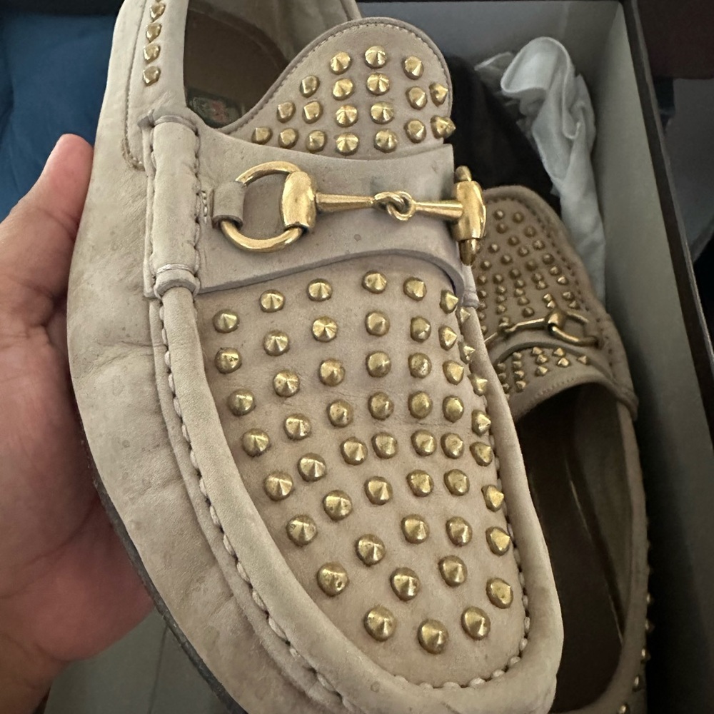 Gucci Cream and Gold Studded Loafers